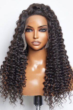 Nuochenghair 30inch 13x6 PartingMax Glueless Lace Wig 3D Cap Pre-bleached Deep Curly Transparent Lace Front Wig 180% Density