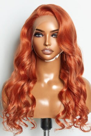 Nuochenghair 24 Inches Ginger 13"x4" Lace Front Body Wavy Wig Pre-Plucked Free Part 150% Density-100% Human Hair