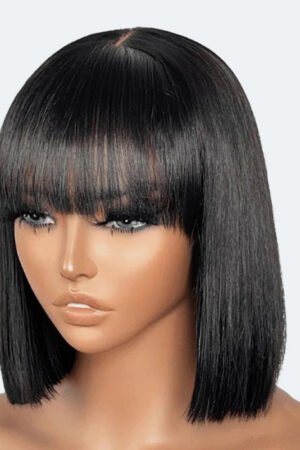 Nuochenghair 12 Inch Realistic Yaki Straight Bob With Bangs 2x1 Minimalist Lace Wig 150% Density