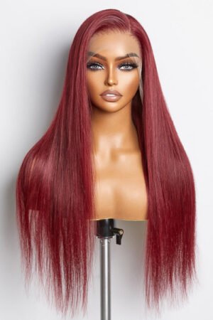 Nuochenghair 24 Inches Burgundy 13"x4" Lace Front Straight Wig Pre-Plucked Free Part 150% Density-100% Human Hair