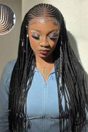 Nuochenghair 30 Inches 13x7 Fulani Braided Neat Braids Lace Front Wigs 200% Density-100% Handmade